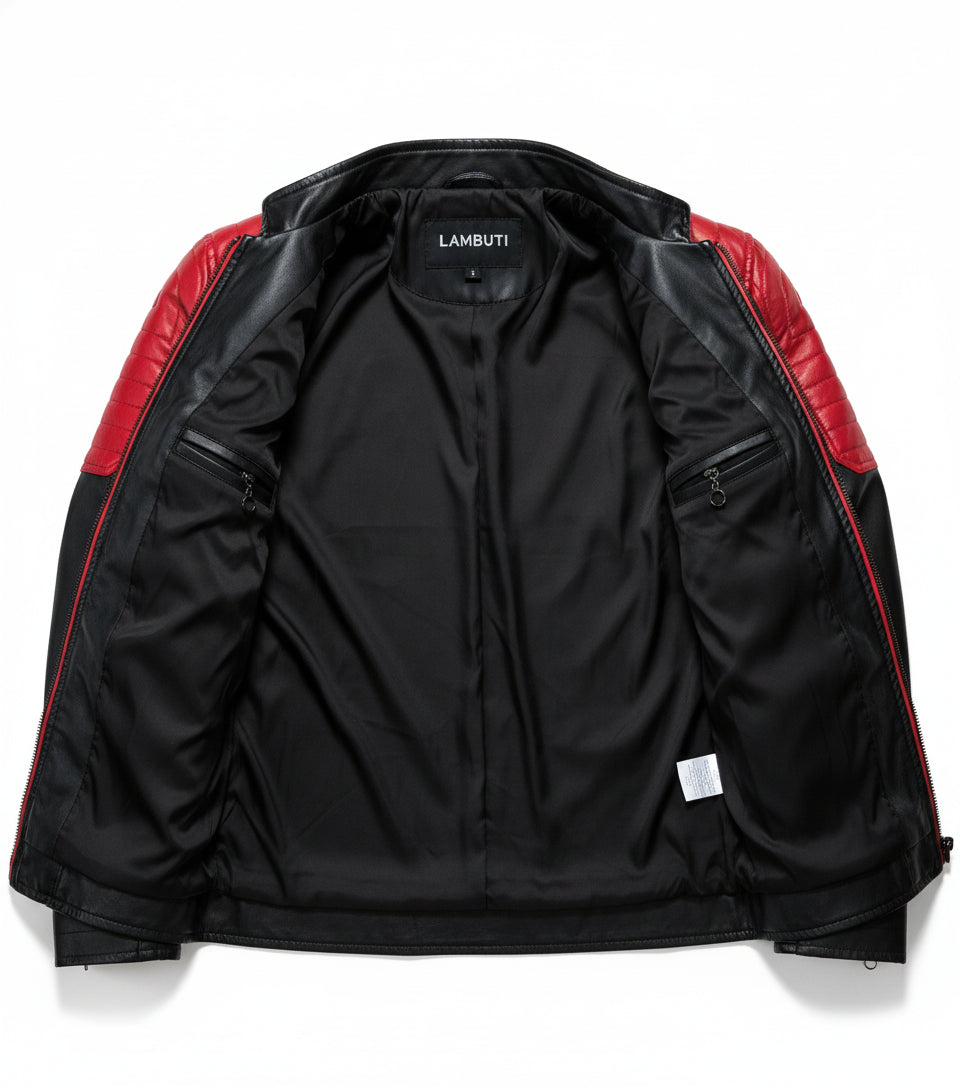 close-up-lining - Men's Black and Red Leather Biker Jacket