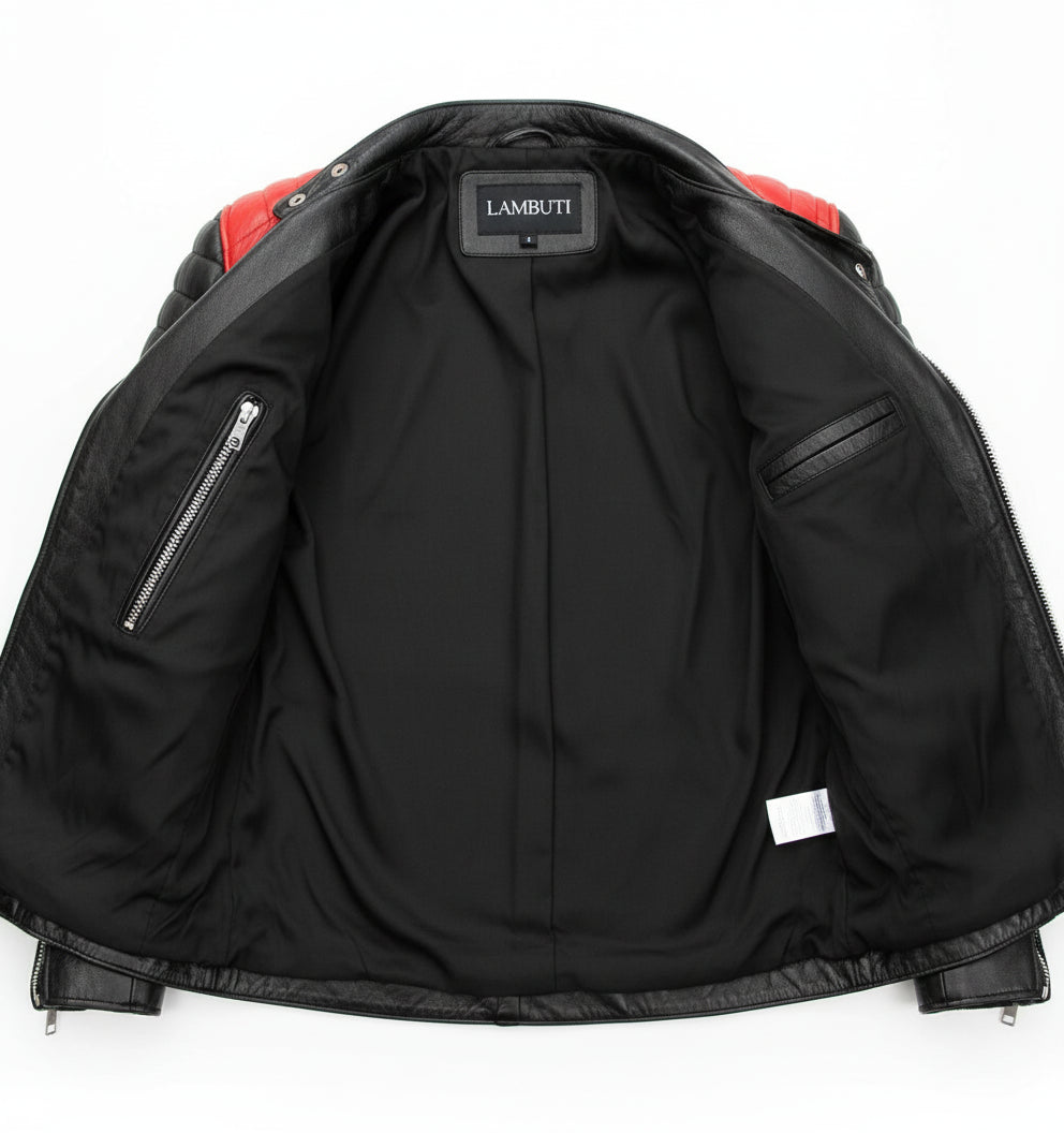 close-up-lining - Men's Black and Red Leather Jacket with Zipper Closure