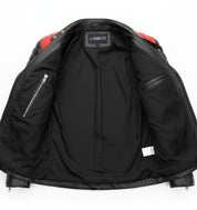 close-up-lining - Men's Black and Red Leather Jacket with Zipper Closure