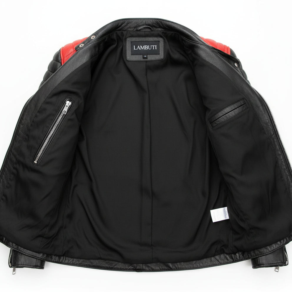 close-up-lining - Men's Black and Red Leather Jacket with Zipper Closure