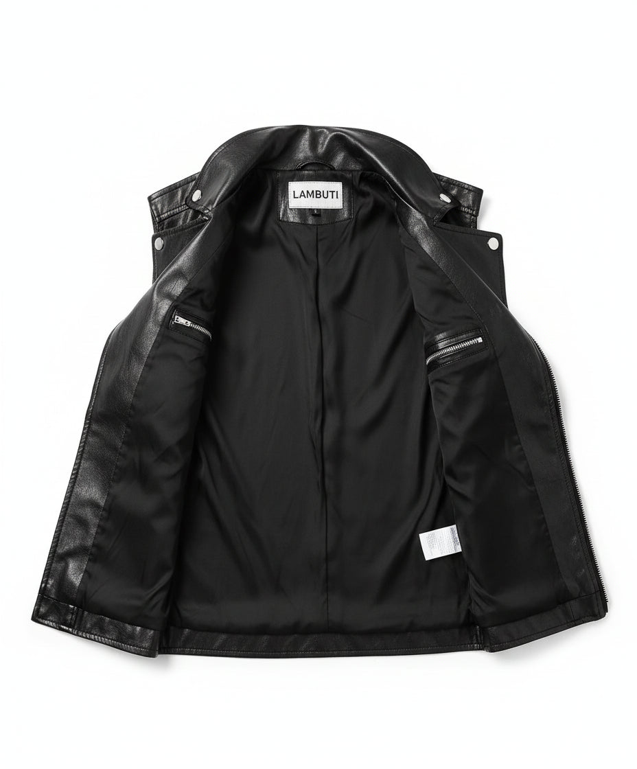close-up-lining - Men's Black Belted Leather Jacket