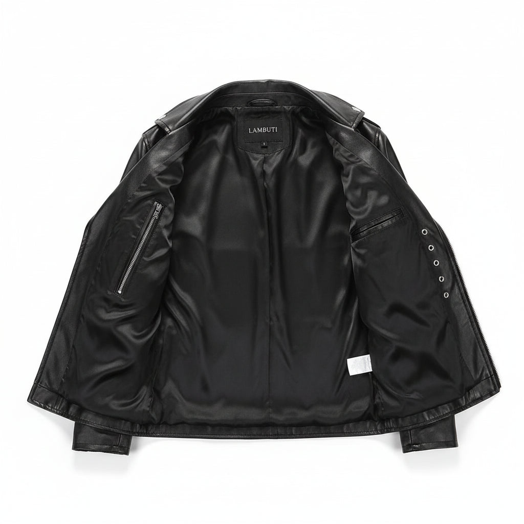 close-up-lining - Mens black biker leather jacket belted Jacket, Men black leather jacket