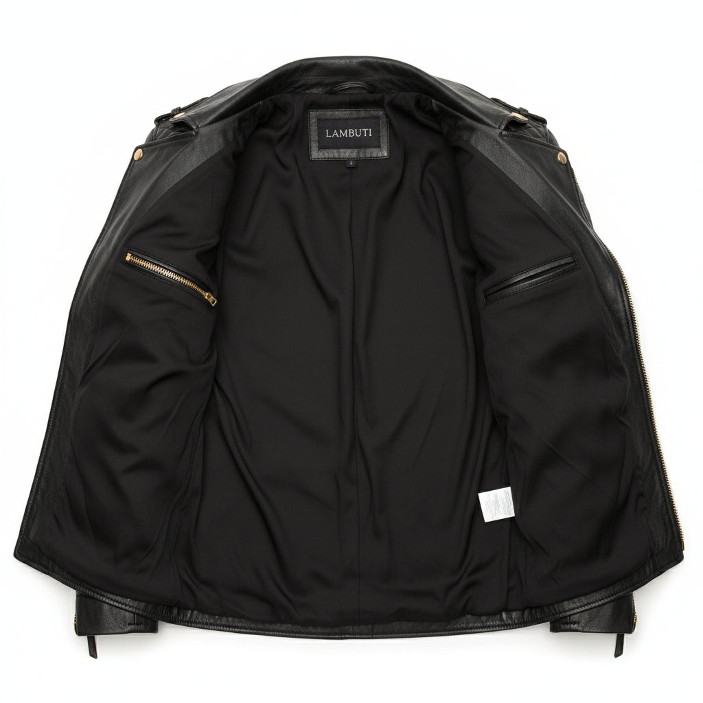 close-up-lining - Men's Black Biker Leather Jacket with Customization Options