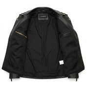 close-up-lining - Men's Black Biker Leather Jacket with Customization Options