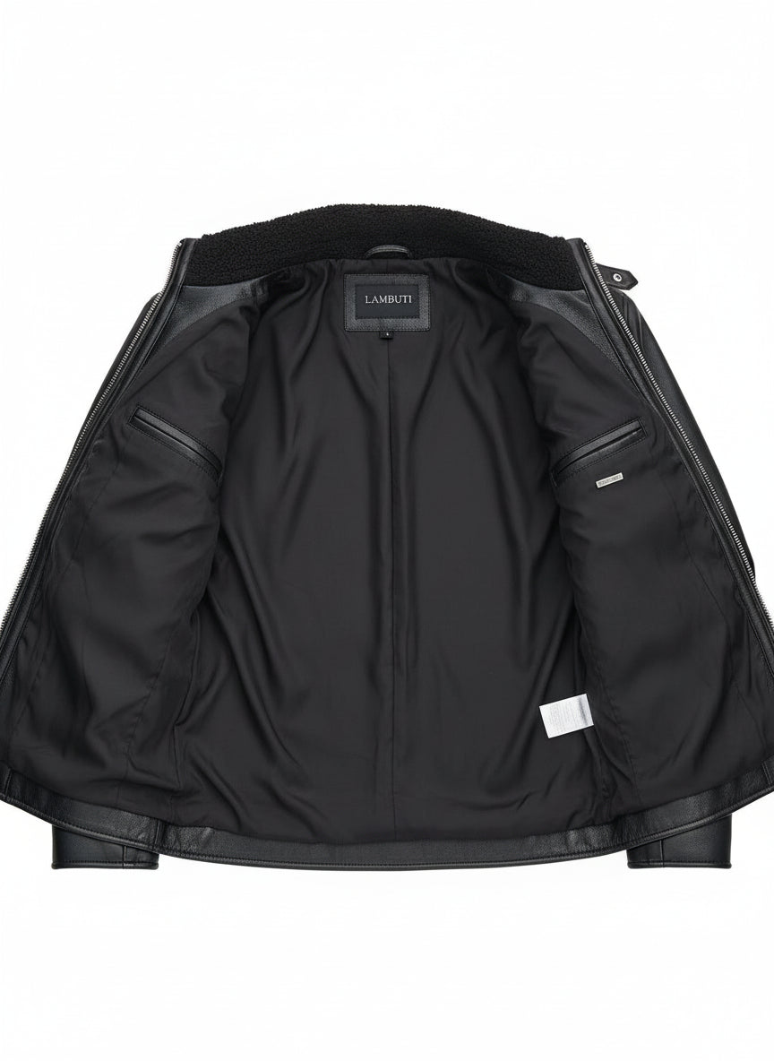close-up-lining - Men's Black Cowhide Leather Motorcycle Jacket