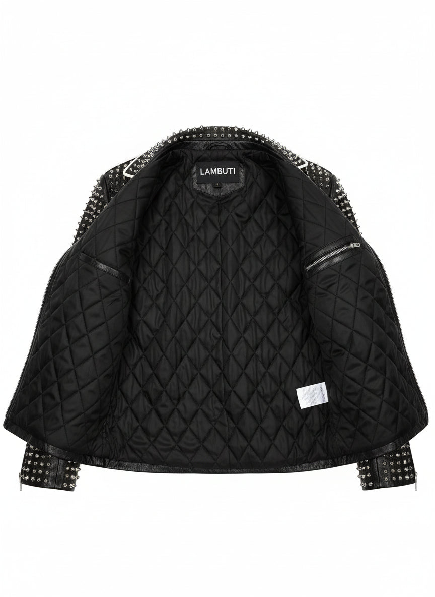 close-up-lining - Men's Black Diamond Studded Brando Retro Motorcycle Rock Punk jacket