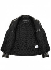close-up-lining - Men's Black Diamond Studded Brando Retro Motorcycle Rock Punk jacket