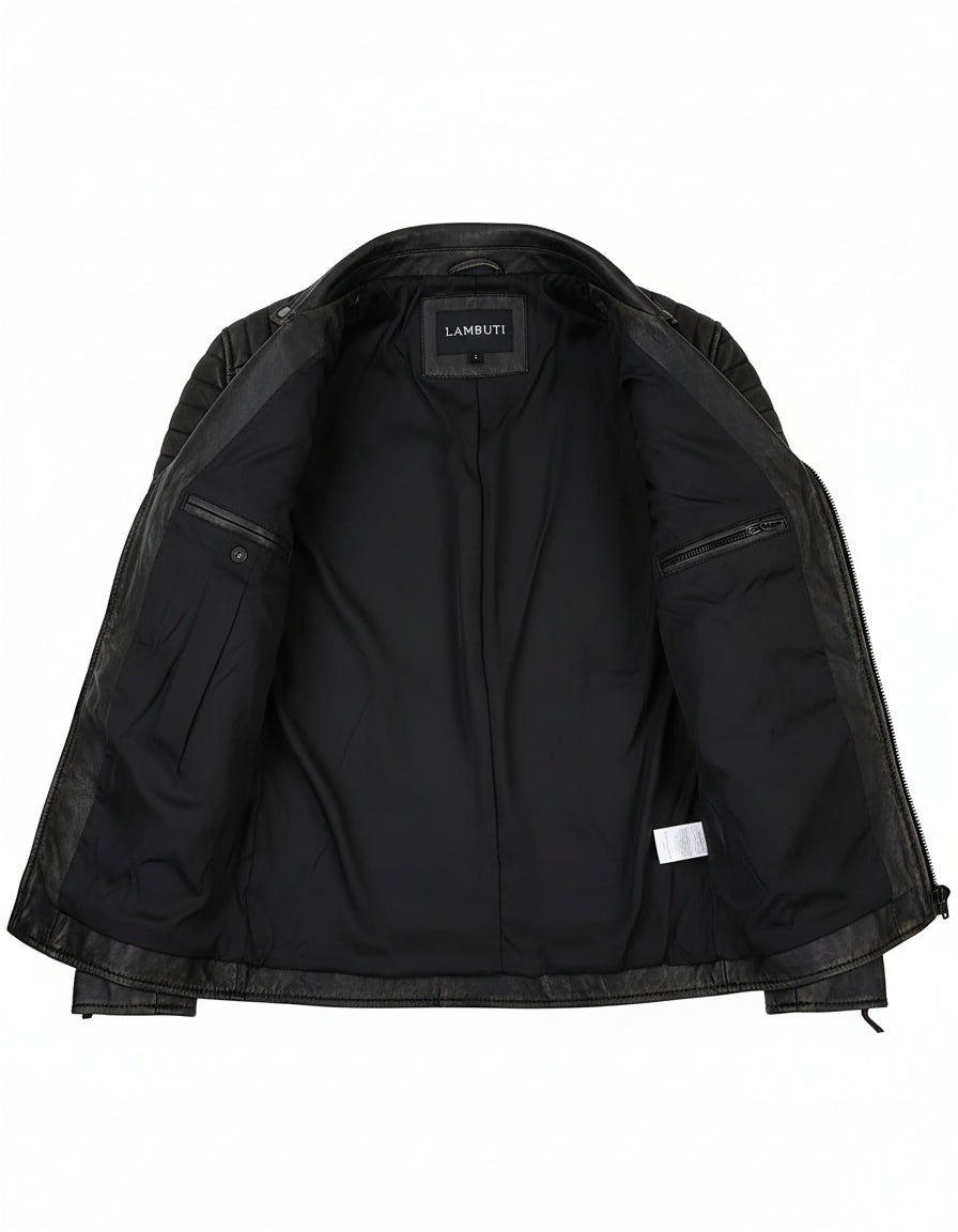 close-up-lining - Men's Black Genuine Leather Jacket Slim Fit zip Closure Vintage Style