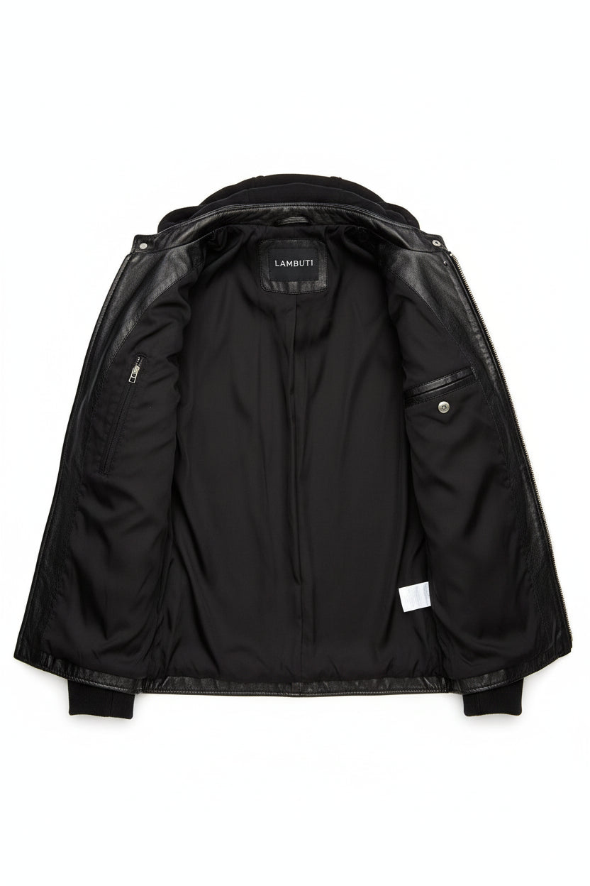 close-up-lining - Men's Black Hooded Biker Leather Jacket with Detachable Hood