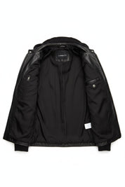 close-up-lining - Men's Black Hooded Biker Leather Jacket with Detachable Hood