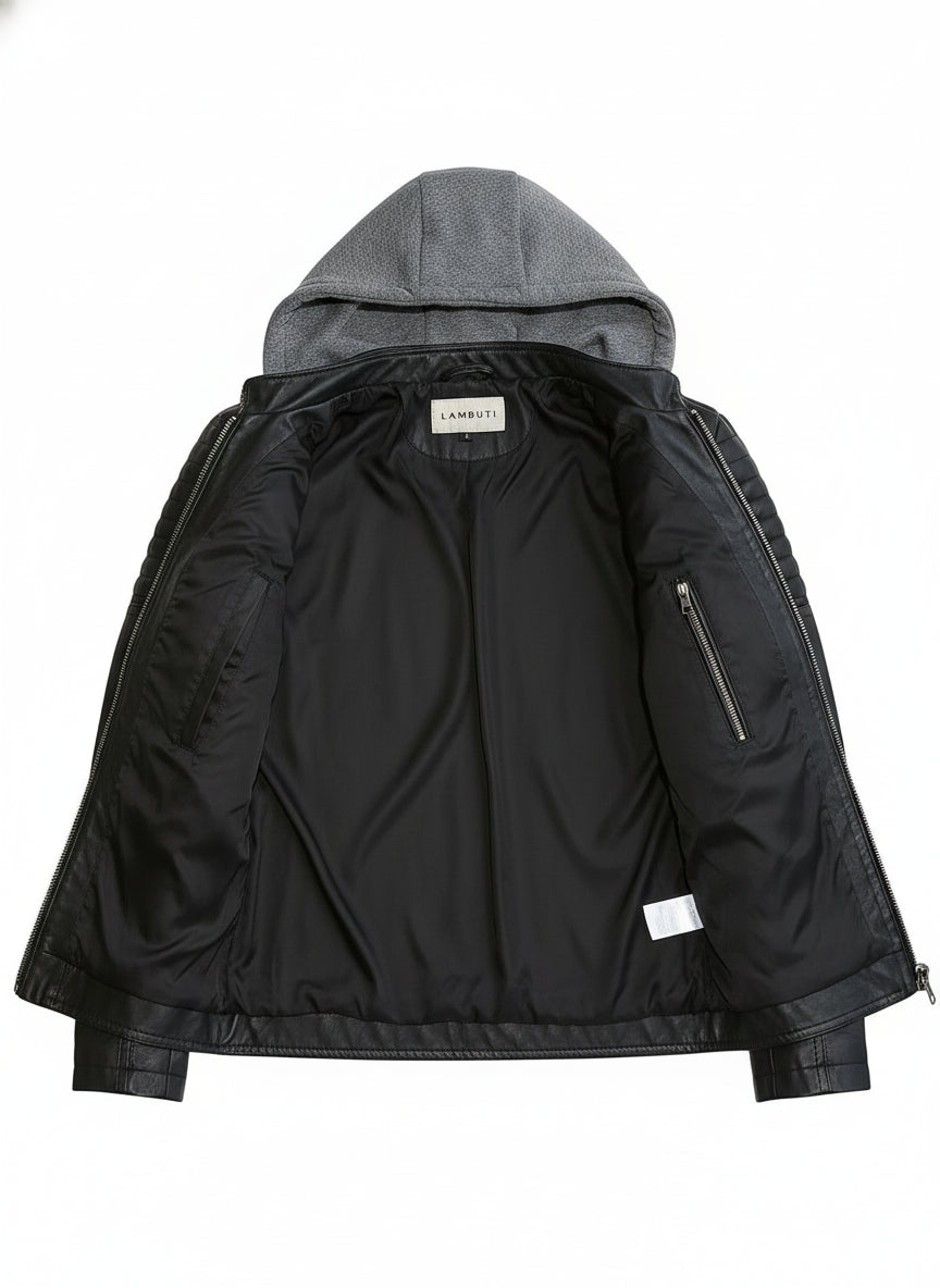 close-up-lining - Men's Black Hooded Biker Leather Jacket