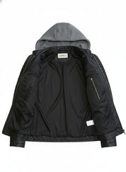 close-up-lining - Men's Black Hooded Biker Leather Jacket