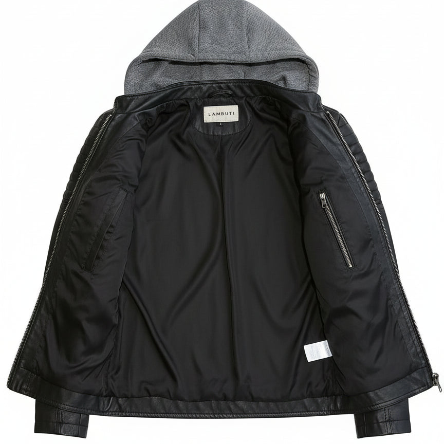 close-up-lining - Men's Black Hooded Biker Leather Jacket