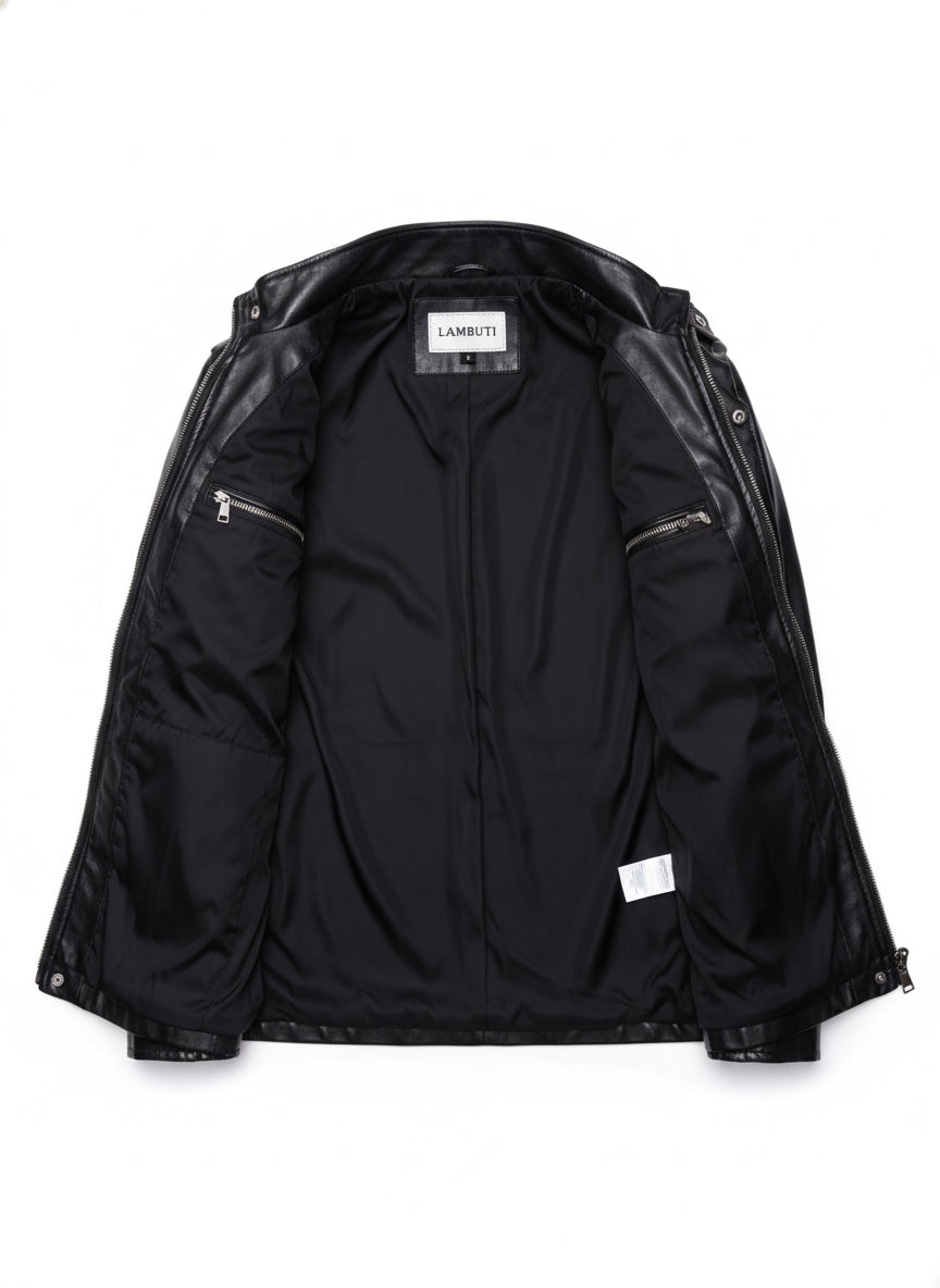 close-up-lining - Men's Black Leather Long Jacket with Multi Pockets