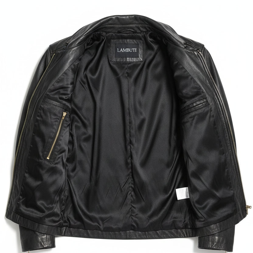 close-up-lining - Men's Black Leather Motorcycle Jacket