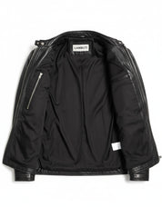 close-up-lining - Men's Black Quilted Leather Biker Jacket with Stand-Up Collar