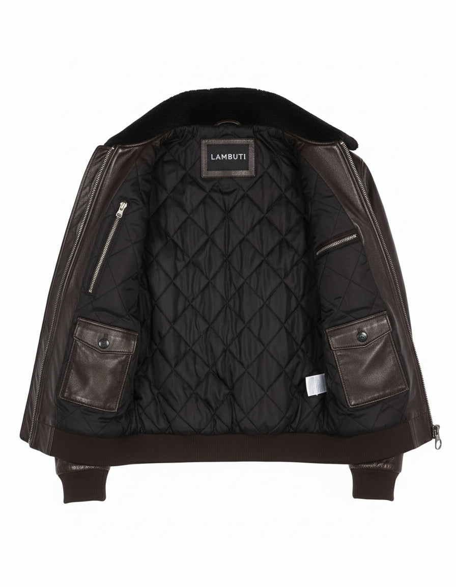 close-up-lining - Men's Bomber Leather Jacket, Leather Bomber Jacket, Men's Leather Flight Jacket, Smooth Leather Bomber Jacket