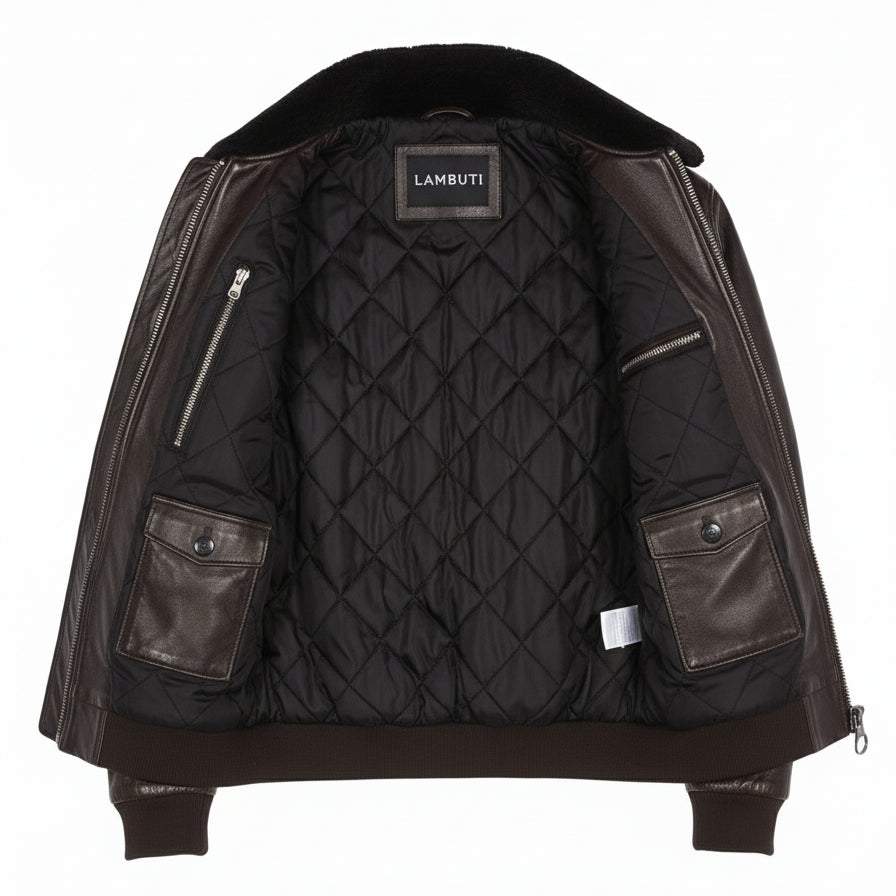 close-up-lining - Men's Bomber Leather Jacket, Leather Bomber Jacket, Men's Leather Flight Jacket, Smooth Leather Bomber Jacket