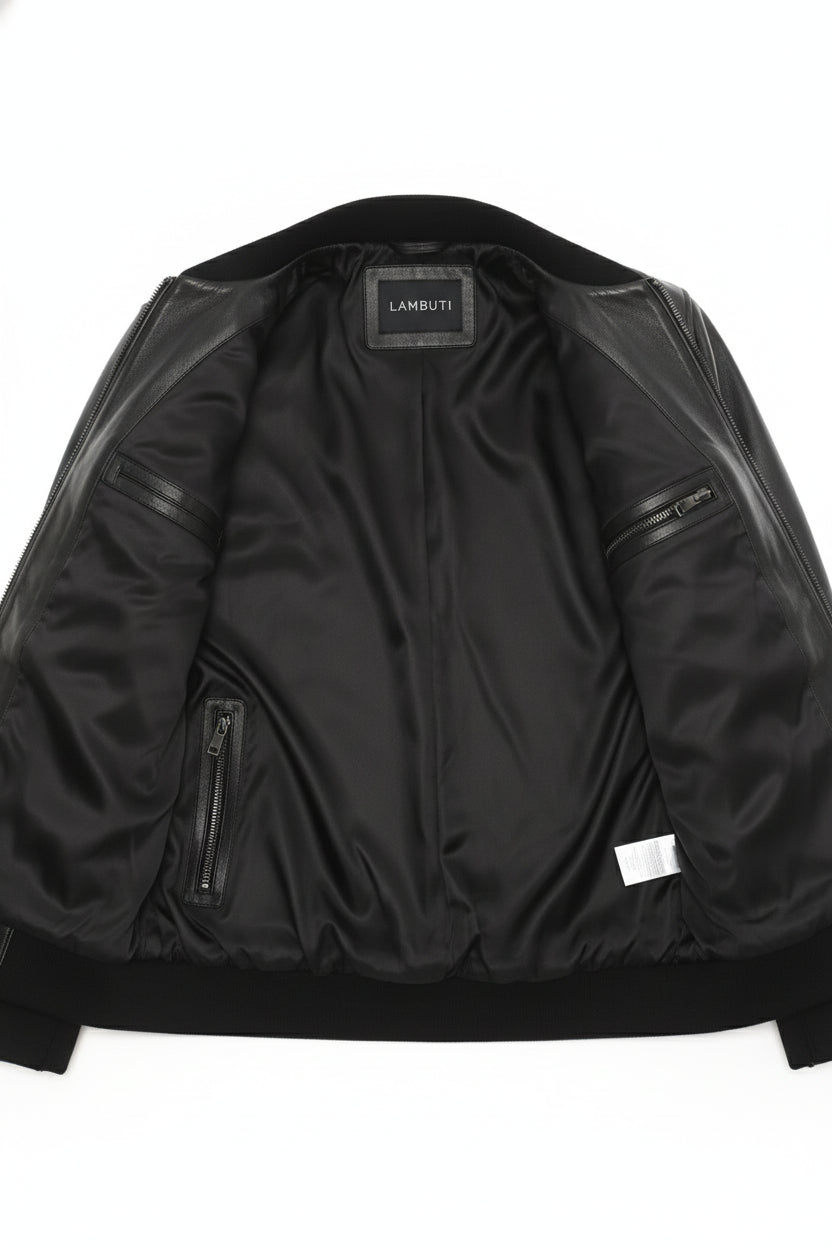 close-up-lining - Men's Bomber Leather Jacket, Smooth Leather Bomber, Classic Bomber Jacket, Leather Flight Jacket