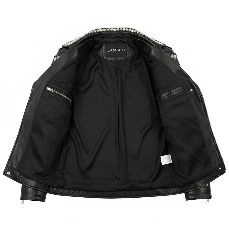 close-up-lining - Mens Brando Biker Rock Punk Studded Black Motorcycle Cowhide Leather Jacket
