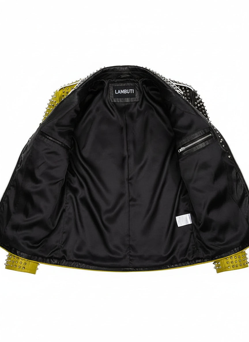 close-up-lining - Mens Brando Studded Spikes Punk Rock Motorcycle Multicolor Leather jacket
