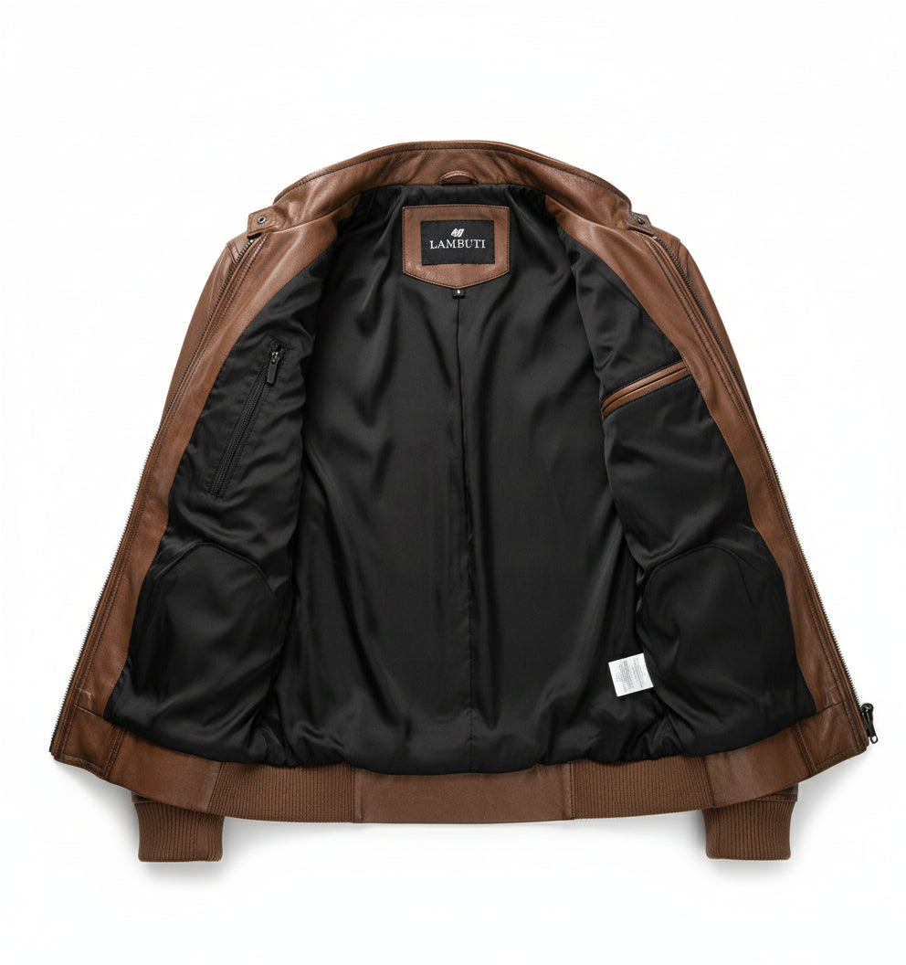 close-up-lining - Mens brown genuine sheep leather jacket Men motocycle jacket, biker jacket
