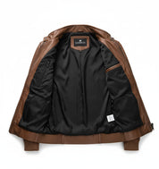 close-up-lining - Mens brown genuine sheep leather jacket Men motocycle jacket, biker jacket