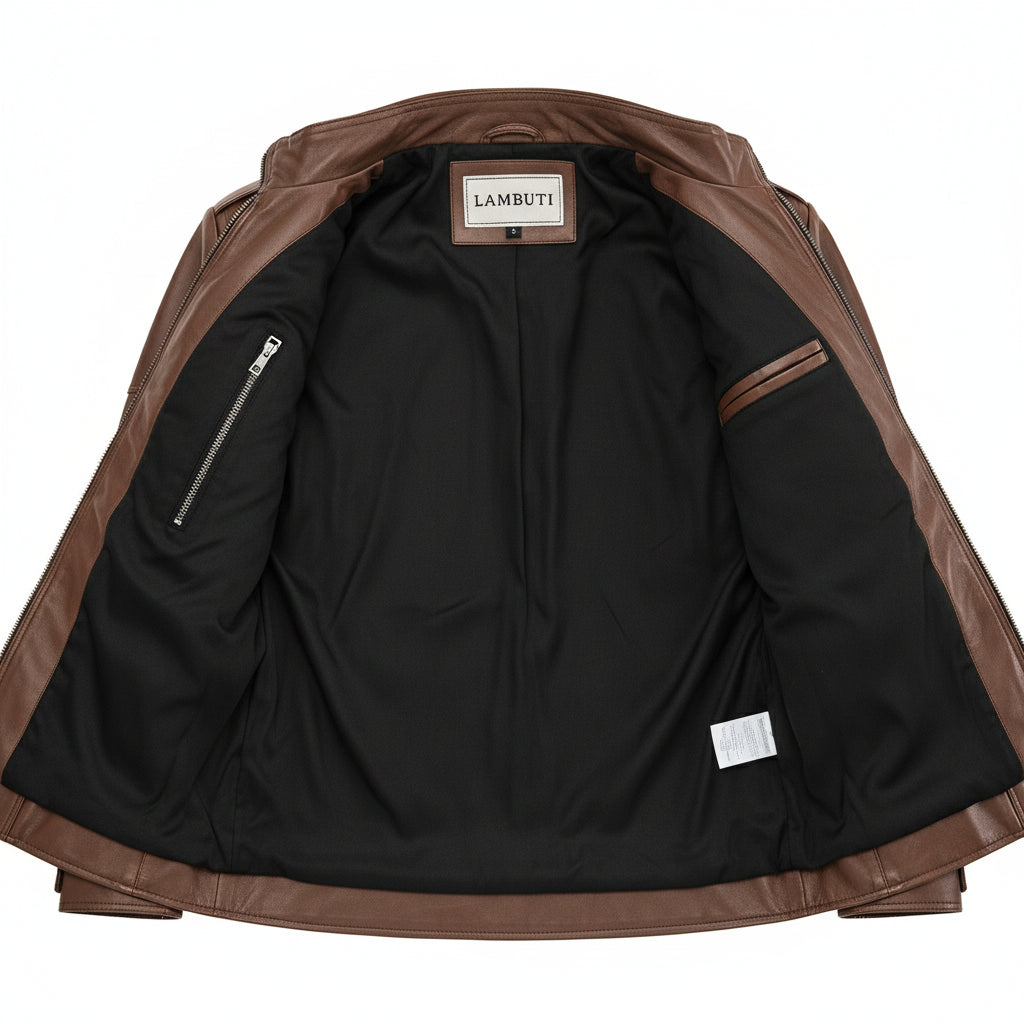 close-up-lining - Men's Brown Leather Biker Jacket with Multi Pockets