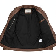 close-up-lining - Men's Brown Leather Biker Jacket with Multi Pockets