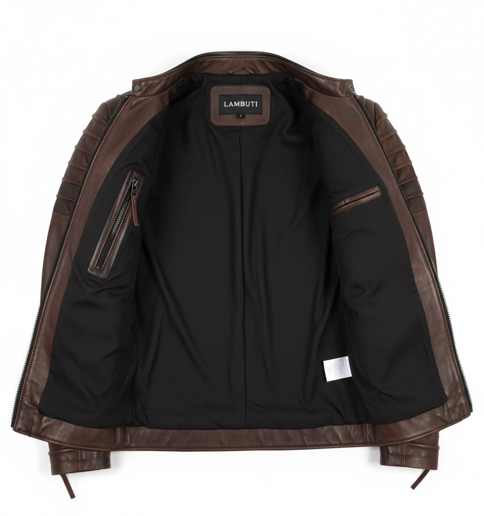 close-up-lining - Mens Brown Leather Jacket, Brown Quilted Genuine Lambskin Biker jacket