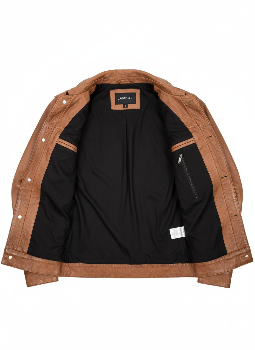 close-up-lining - Men's Brown Leather Trucker Jacket, Men Tan Tan Genuine Leather Jacket
