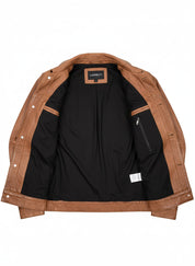 close-up-lining - Men's Brown Leather Trucker Jacket, Men Tan Tan Genuine Leather Jacket