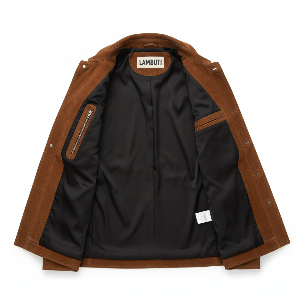 close-up-lining - Mens brown suede cowboy jacket, Men brown suede truker jacket, Men Jacket