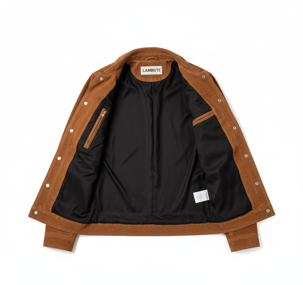 close-up-lining - Men's Brown Suede Leather Trucker Jacket, Genuine Brown Western Soft Suede