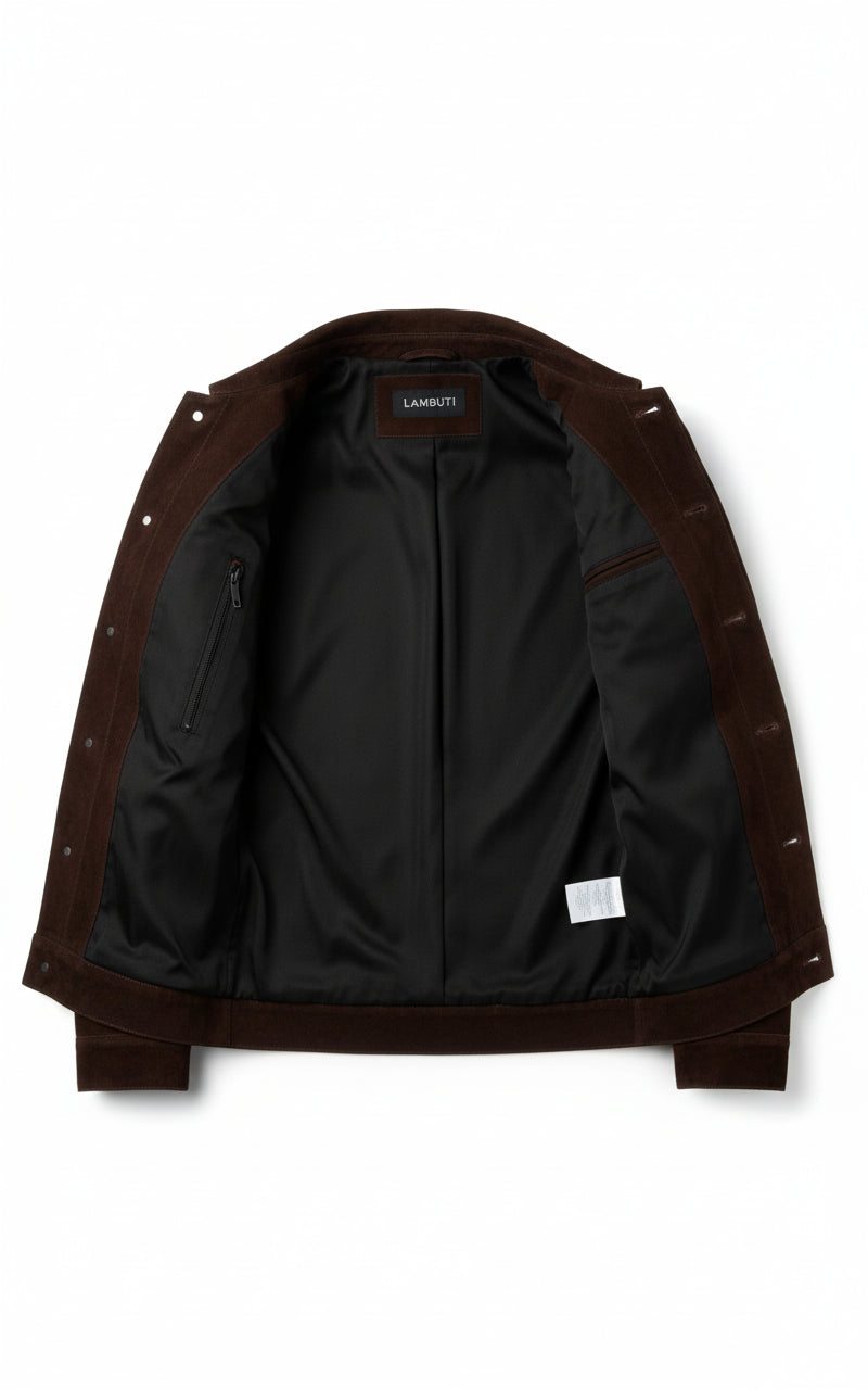 close-up-lining - Men's Brown Suede Trucker Jacket with Classic Shirt Collar