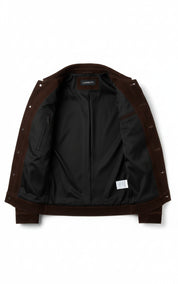 close-up-lining - Men's Brown Suede Trucker Jacket with Classic Shirt Collar