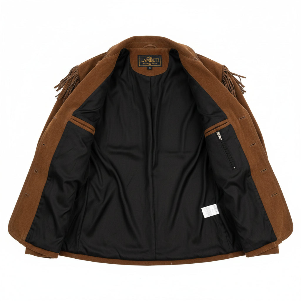 close-up-lining - Men's Brown Suede Western Jacket with Fringes and Beadwork