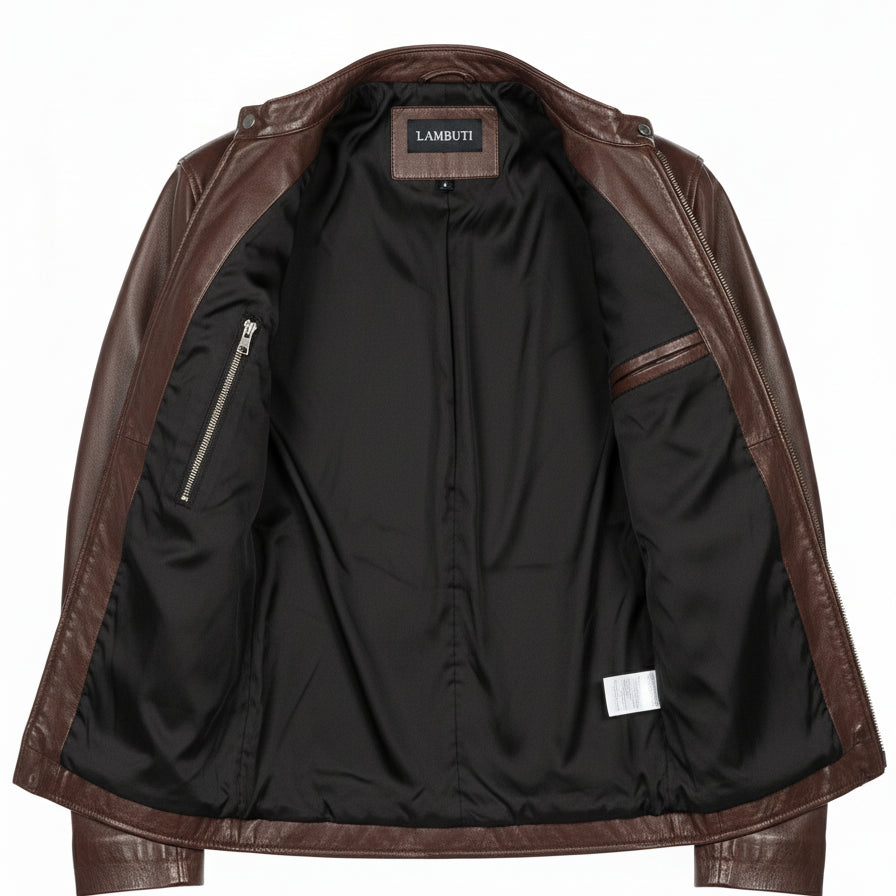 close-up-lining - Men's Cafe Racer Leather Jacket, Biker Leather Jacket, Motorcycle Leather Jacket, Leather Moto Jacket