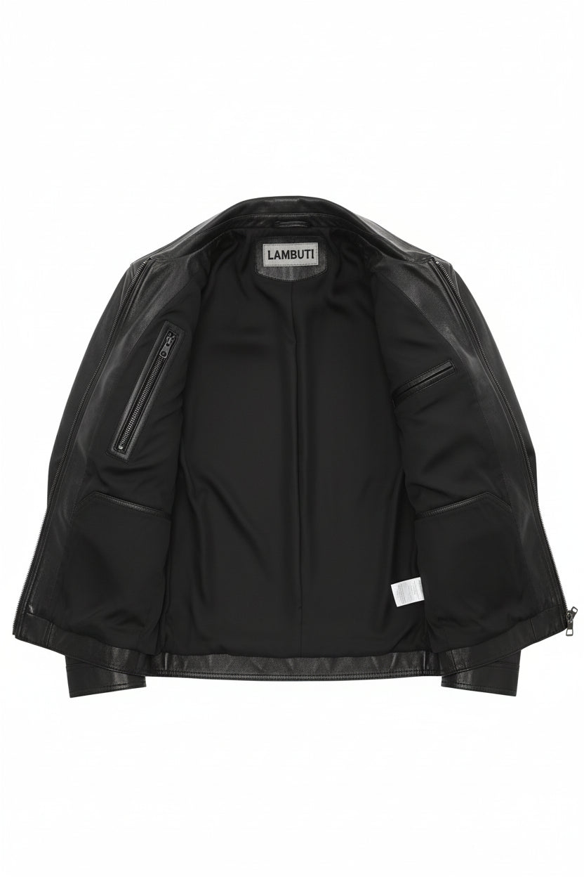 close-up-lining - Men's Cafe Racer Leather Jacket, Motorcycle Leather Jacket, Handmade Biker Jacket