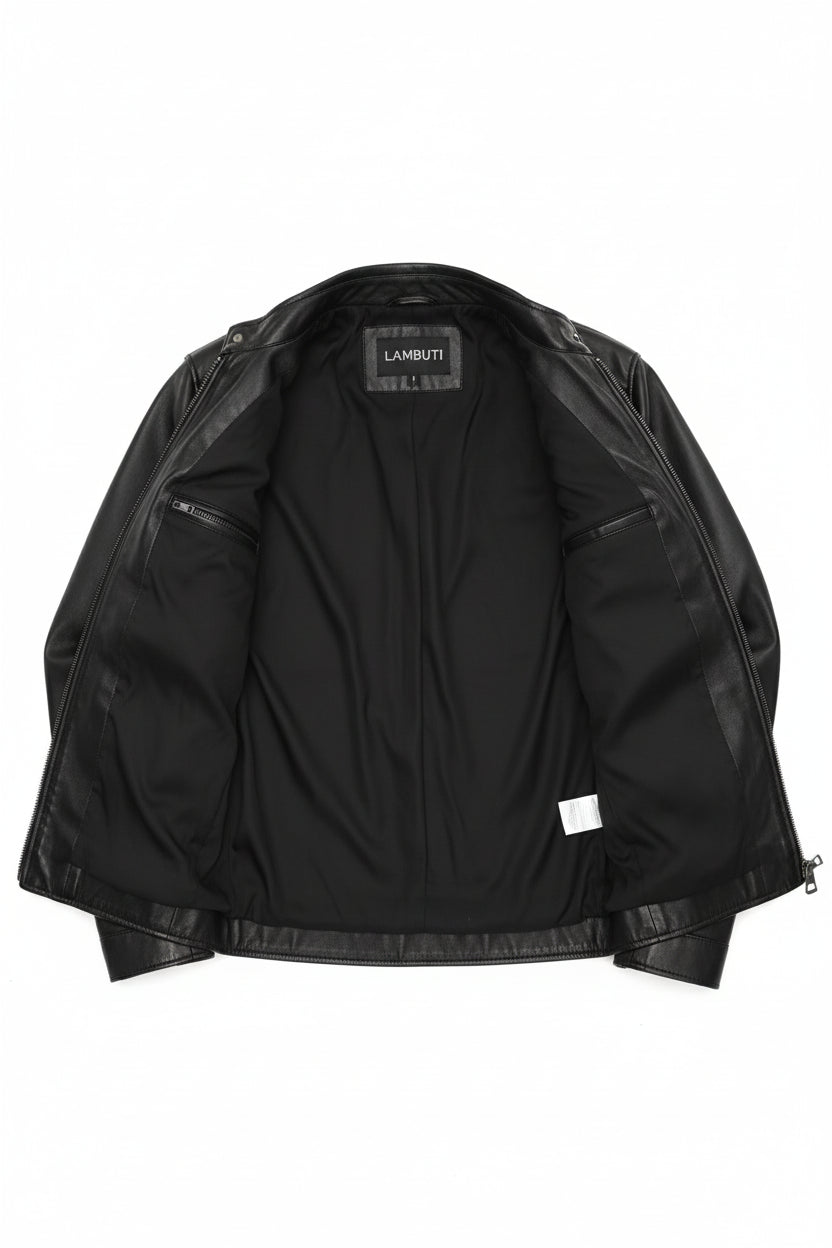 close-up-lining - Men's Cafe Racer Leather Jacket, Smooth Leather Biker Jacket, Men's Motorcycle Jacket, Leather Moto Jacket