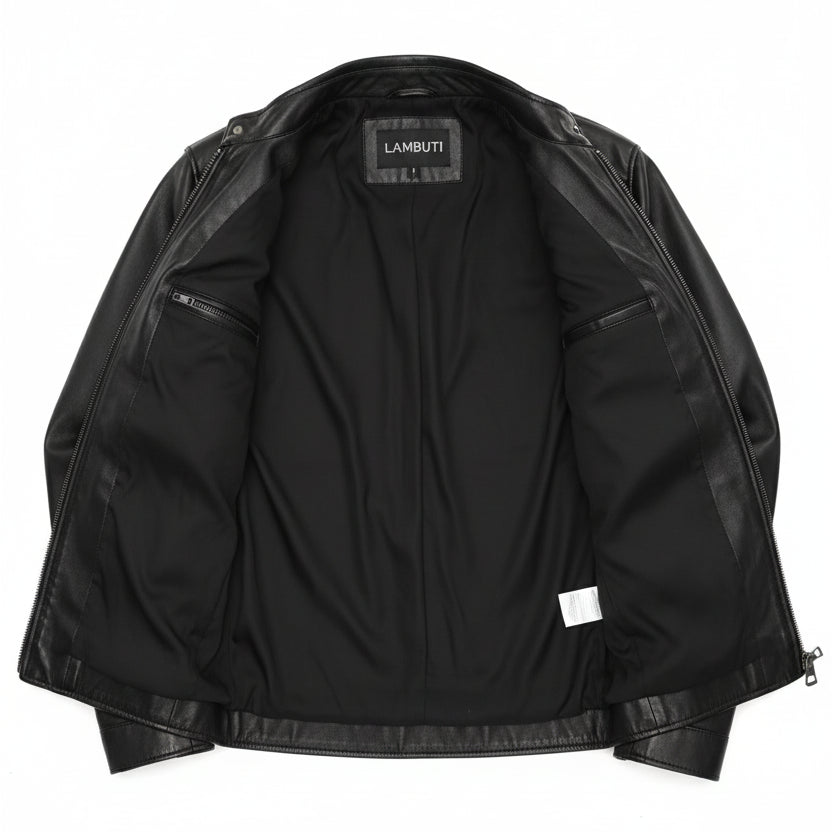 close-up-lining - Men's Cafe Racer Leather Jacket, Smooth Leather Biker Jacket, Men's Motorcycle Jacket, Leather Moto Jacket