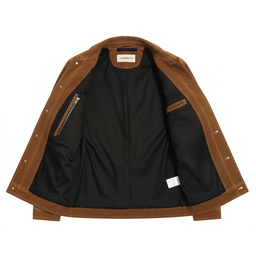 close-up-lining - Men's Field Jacket, Suede Safari Jacket, Brown Suede Jacket, Outdoor Leather Jacket
