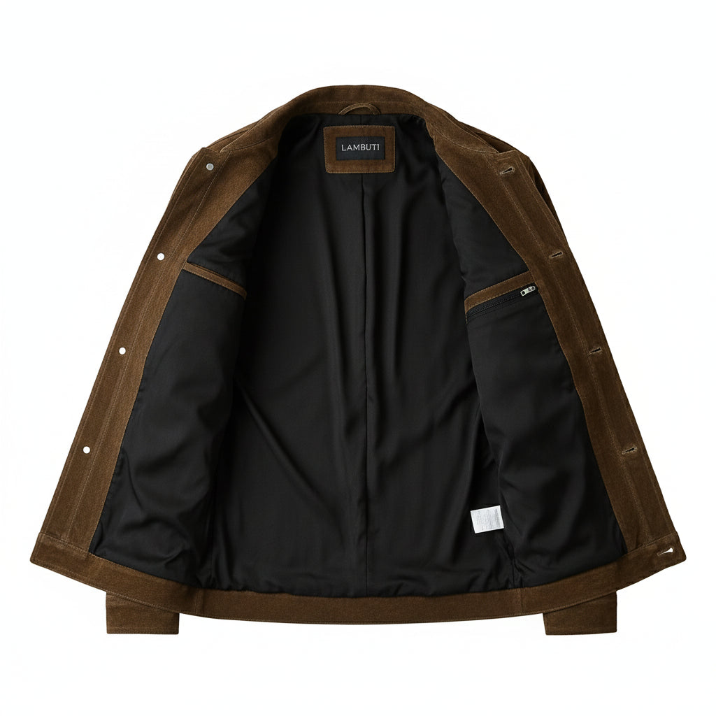 close-up-lining - Men's Field Jacket, Suede Trucker Jacket, Brown Suede Jacket, Suede Outdoor Jacket