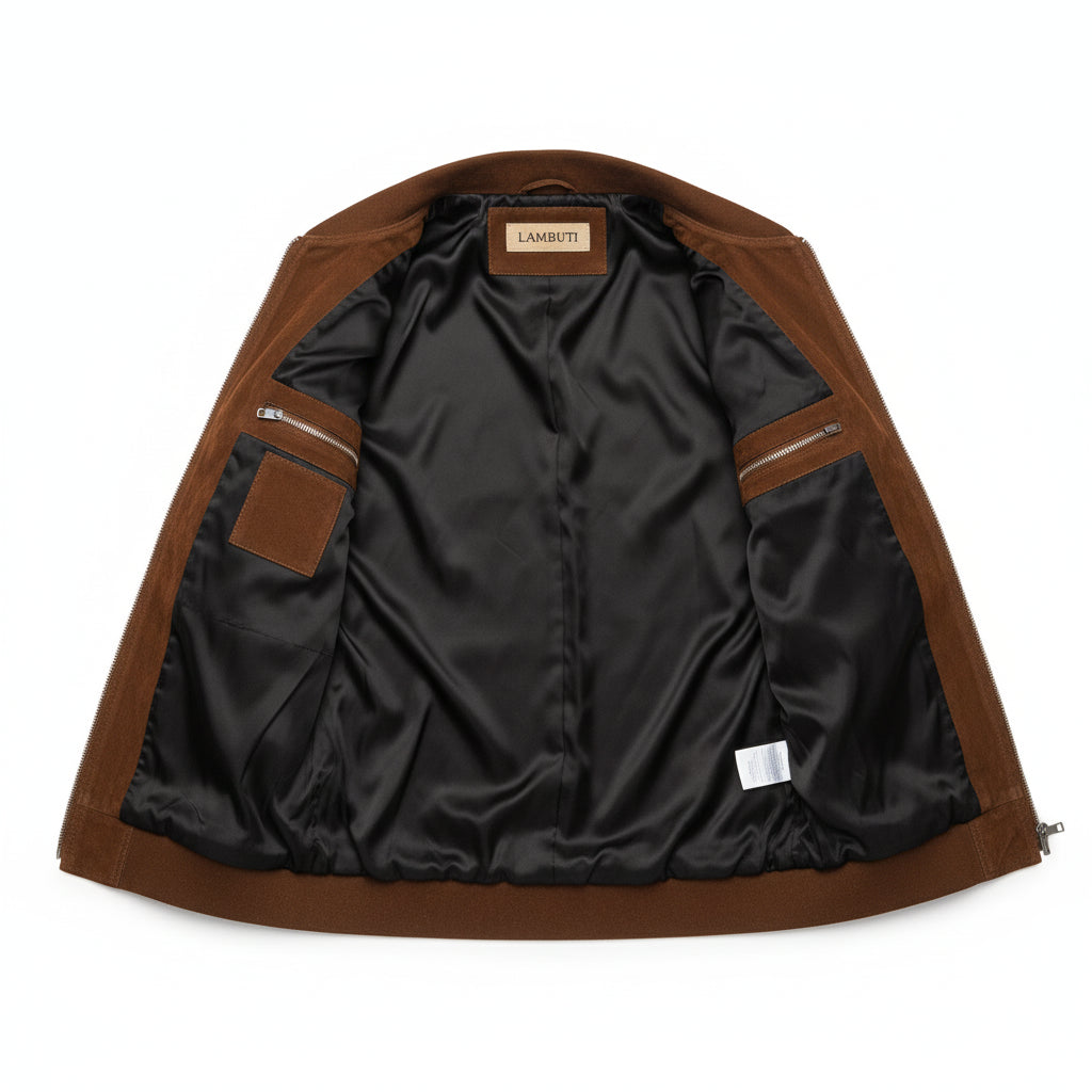 close-up-lining - Men's Handmade Brown Suede Biker Jacket