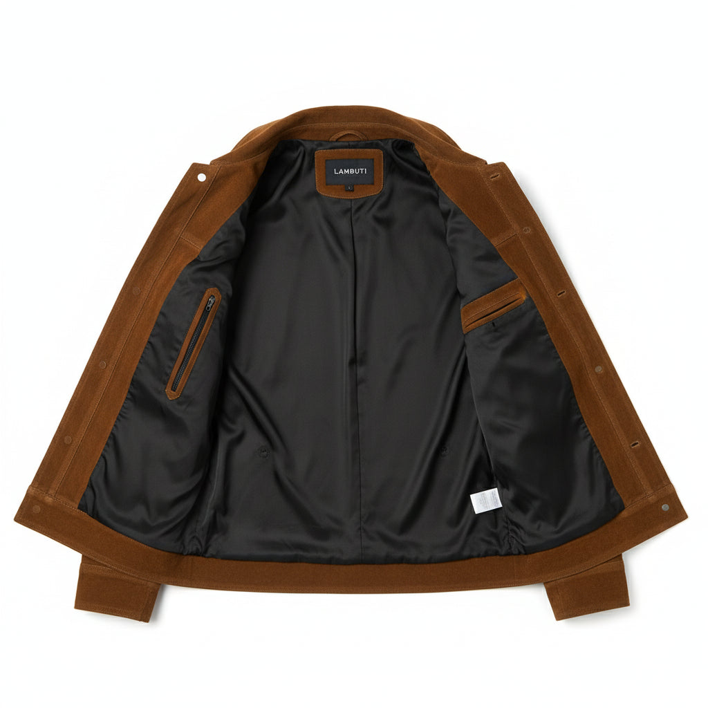 close-up-lining - Men's Handmade Suede Western Jacket, Button-Front Casual Coat, Vintage Style Leather Jacket