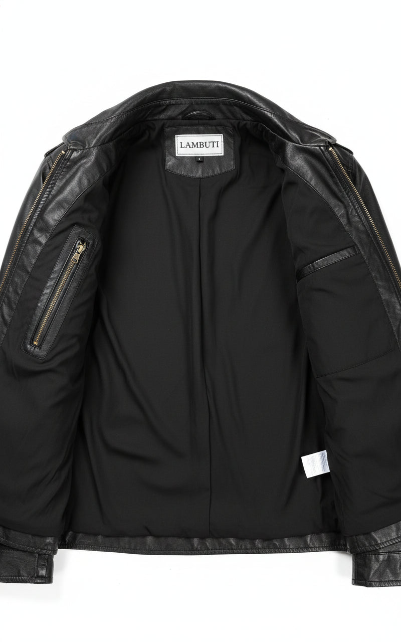 close-up-lining - Men's Hooded Biker Leather Jacket with Detachable Fabric Hood