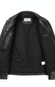 close-up-lining - Men's Hooded Biker Leather Jacket with Detachable Fabric Hood