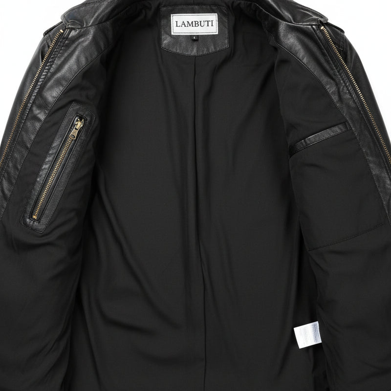 close-up-lining - Men's Hooded Biker Leather Jacket with Detachable Fabric Hood