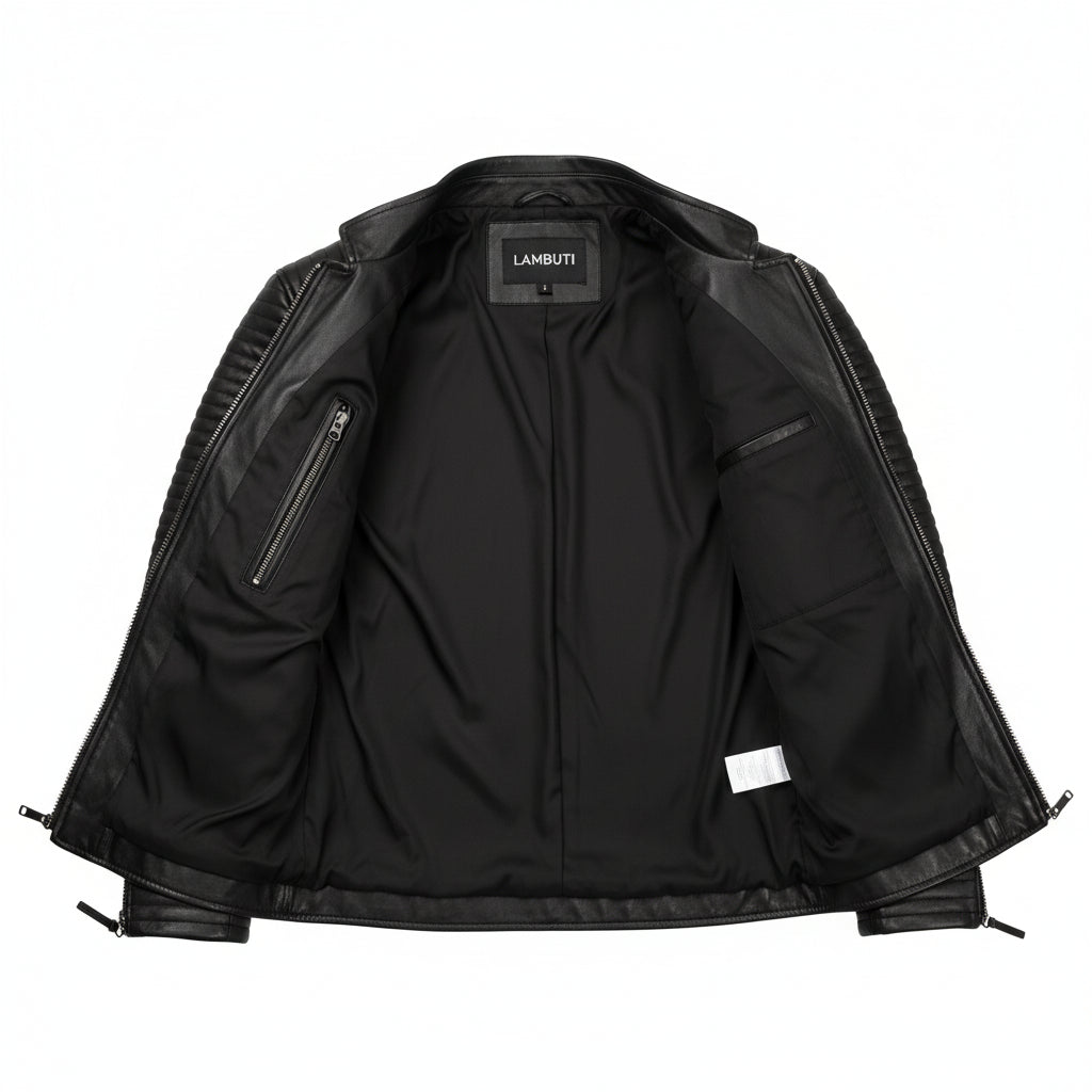 close-up-lining - Mens Leather Jacket Black Quilted Genuine Lambskin Biker Motorcycle