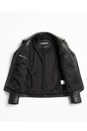 close-up-lining - Men's Long Spiked Studded Leather Jacket - Black & Silver
